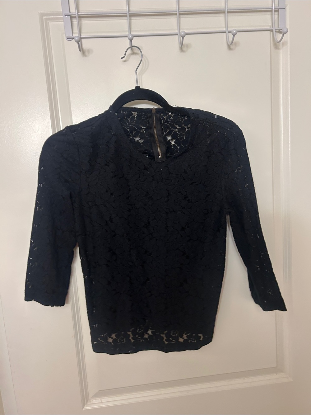 Mango Black Floral Lace Top with Three-Quarter Sleeves